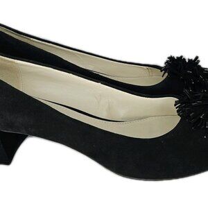 Ann Klien HAPPY Womens Block Heel Pompom , Black Suede, Size 11 M